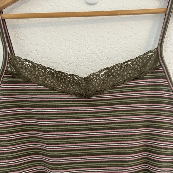 Venezia Tank Top Womens 18/20 Olive Green Pink Striped Lace Trim Cami Y2K Moody - Picture 2 of 7